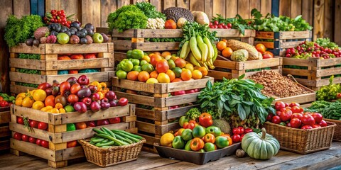 Obraz premium Farm Fresh Bounty Vibrant Produce Display in Rustic Wooden Crates and Baskets, Earthy Tones, Healthy Lifestyle Concept