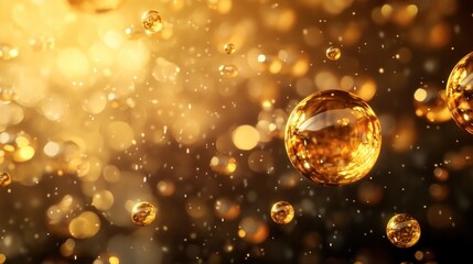 Golden bubbles floating in a dreamy atmosphere, capturing a sense of magic and wonder.