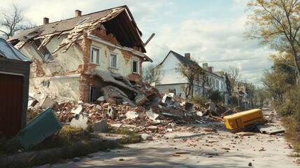 A scene of devastation showing a collapsed house on a deserted street, surrounded by debris and fallen trees.