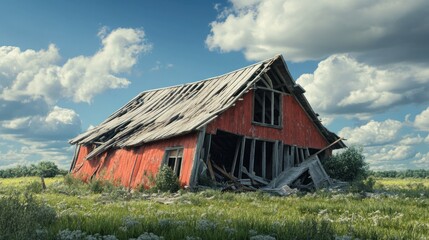 Obraz premium A weathered, red barn stands tilted in a vibrant grassy field under a bright blue sky with fluffy clouds.
