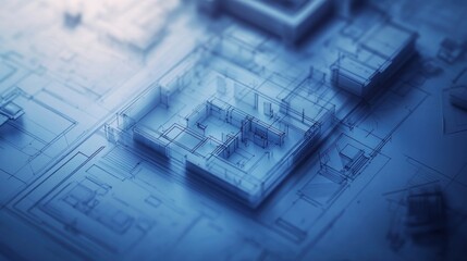 Abstract architectural blueprint showcasing a detailed floor plan with a cool blue tone.