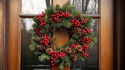 Naklejka premium A beautifully arranged Christmas wreath with pinecones and red berries on a wooden door.