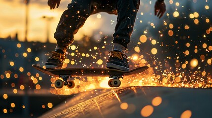 Skateboarder Grinding Rail with Sparks and Motion