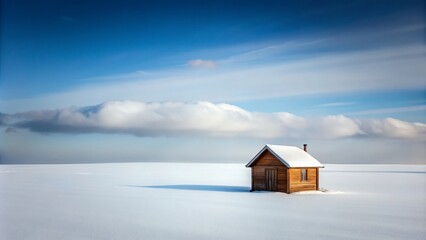 A serene wooden house surrounded by untouched snow, under a bright blue sky, perfect for winter and isolation themes.