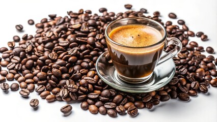 A steaming cup of espresso surrounded by fresh coffee beans, perfect for coffee lovers and beverage enthusiasts.
