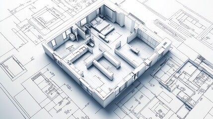 An intricate architectural blueprint of a modern home design in a monochrome style.