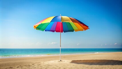 A vibrant beach umbrella stands against a clear blue sky, perfect for sunbathing and relaxing by the ocean.