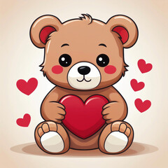 Obraz premium Cartoon teddy bear with a heart, cartoon illustration.