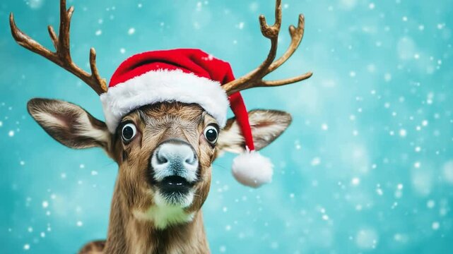 A delightful deer adorned with a red Santa hat opens mouth in surprised expression amid a light snowfall