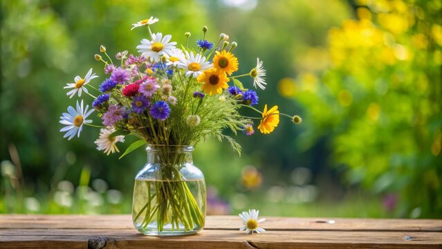 A vibrant bouquet of wildflowers in a glass jar, capturing the essence of nature's beauty and colorful blooms in a serene setting.