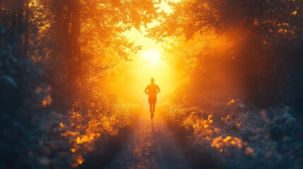 Morning motivation routine, a bright sunrise, a runner on a path, energized and determined