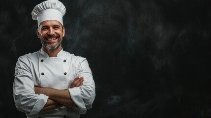 Professional Chef in White Uniform Smiling Confidently, Crossed Arms, Dark Background, Culinary Concept