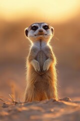 Fototapeta premium Meerkat standing on guard in sunlit desert, wildlife portrait, nature photography, alert meerkat, sandy environment, golden light, animal behavior, horizon view concept