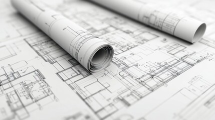 Detailed architectural blueprints rolled out on a flat surface, showcasing intricate designs and plans.