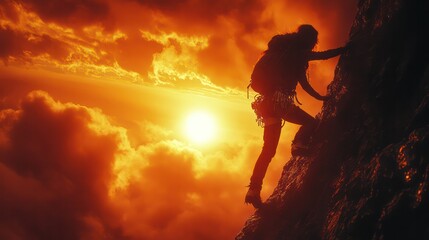 Motivation and inspiration, a person climbing a mountain with a sunrise in the background, symbolizing perseverance