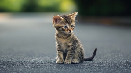 Adorable kitten sitting on pavement, looking away, outdoor setting, cute tabby cat, bokeh background, animals concept