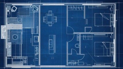 A blueprint of a modern home layout, featuring an open living area and two bedrooms, designed with clean lines and functional spaces.