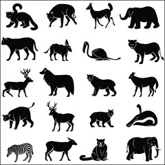 Forest Animal Silhouette vector Clipart. Wild Life Mountain Fauna Illustration. Collection Set Stamp Animals.