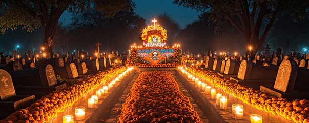 Obraz premium A serene graveyard illuminated by candles and flowers, creating a tranquil atmosphere for reflection and remembrance.