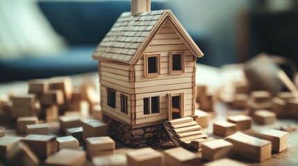 A detailed wooden model house surrounded by blocks, representing creativity and craftsmanship.