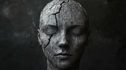 A woman's face is shown with a broken nose and a missing eye