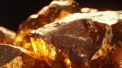 Fototapeta premium Close-up of shimmering gold ore stones with a glistening surface and rich golden tones.
