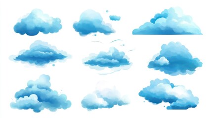 A collection of blue, fluffy clouds in various shapes and sizes, perfect for graphic design or illustration.