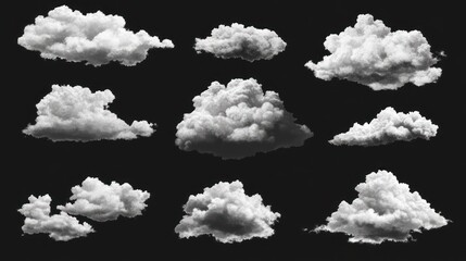 A collection of fluffy, white clouds set against a dramatic black background, showcasing various shapes and sizes.