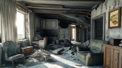 Abandoned interior of a weathered home with a dilapidated sofa and debris scattered on the floor.