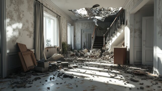 A dilapidated interior with debris scattered across the floor and a damaged ceiling, depicting abandonment and decay.