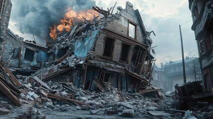 A dramatic scene of a collapsed building amidst a smoky, debris-laden street, conveying destruction and chaos.