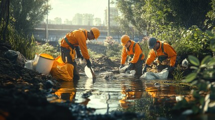 Three workers in orange gear collecting waste from a waterway, showcasing dedication to environmental cleanup.
