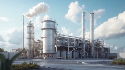 Industrial facility with metal structures and smoke, under a blue sky with clouds.