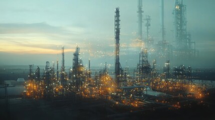 Fototapeta premium A dazzling view of an industrial complex at dusk, illuminated by countless lights, creating a mesmerizing contrast against the twilight sky.