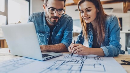 A young mixed-gender team collaborating on architectural plans at a modern workspace.