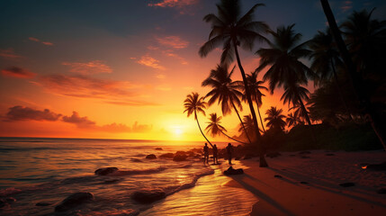 Fototapeta na wymiar Sunset on beach with people and palms