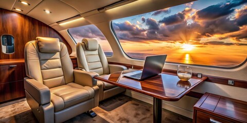 Luxurious Private Airplane Interior with Sunset View, Quilted Leather Seats, and Golden Hues - Tranquil Luxury Travel Experience