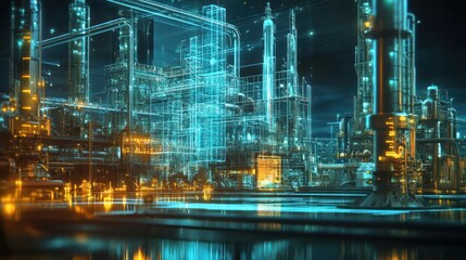 Futuristic industrial landscape featuring glowing, transparent pipelines and structures in a dark setting.