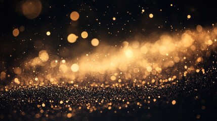 A mesmerizing swirl of golden glitter particles against a deep black backdrop, creating a magical and enchanting atmosphere.
