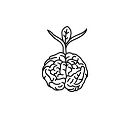 Young plant with brain root icon design template. Brain tree,tree of knowledge vector illustration in line style isolated on white background.