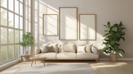 Blank poster on white wall, Modern vintage interior of living room