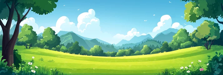 Fototapete A cute cartoon vector illustration flat cartoon of green meadow landscape . Blue sky with white clouds ,Summer day. Green hills background. © wipawan