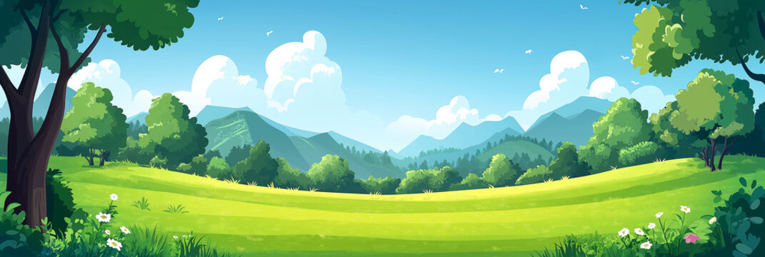 Fototapeta A cute cartoon vector illustration flat cartoon of green meadow landscape . Blue sky with white clouds ,Summer day. Green hills background.