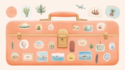 Colorful travel suitcase adorned with stickers, showcasing memorable destinations and adventures.