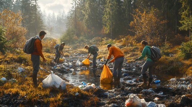 A group of diverse individuals engages in a community clean-up effort along a littered stream, showcasing teamwork and environmental awareness.