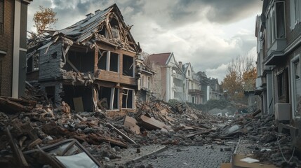 A haunting scene of destruction, showcasing a damaged neighborhood after a natural disaster, with debris scattered across the street.