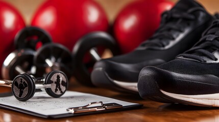 Exercise Prescription: Sneakers laced up, ready for a brisk walk. A prescription pad nearby, emphasizing physical activity as a defense against coronary issues. Room for fitness tips or motivational 