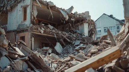 Devastating aftermath of a collapsed building showcasing scattered debris and destruction.