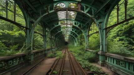 Obraz premium Enchanting Moss Covered Wooden Railroad Tunnel Surrounded by Lush Verdant Forest Landscape