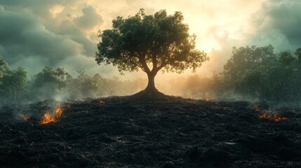 Fototapeta premium Deforested land with a lone tree standing, visualizing the impact of human activity on forests and biodiversity., photorealistic